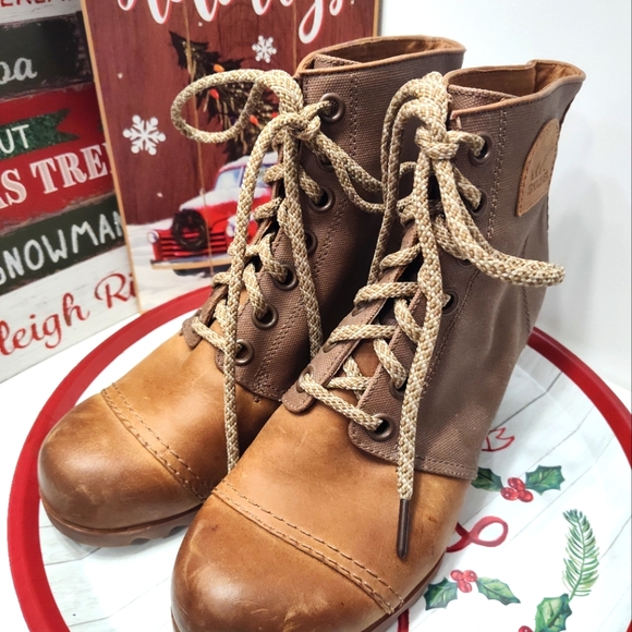 💕EUC Sorel Brand Premium Moto PDX Leather Lace Up Wedge Ankle Boots, Came, 10 - Picture 7 of 16